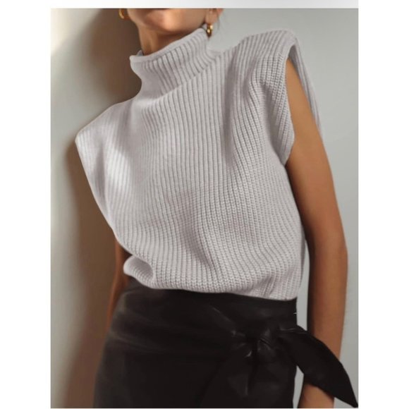 Huaqiao Women's High Neck Knit Sweater Vest Padded Shoulder Turtleneck - Picture 4 of 10